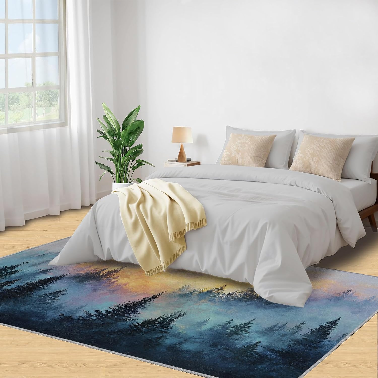 Forest Rugs for Bedroom, Misty Forest Rug 6x8, Natural Scenery Dining Room Rugs Washable & Non Slip Large Carpet for Home Decor