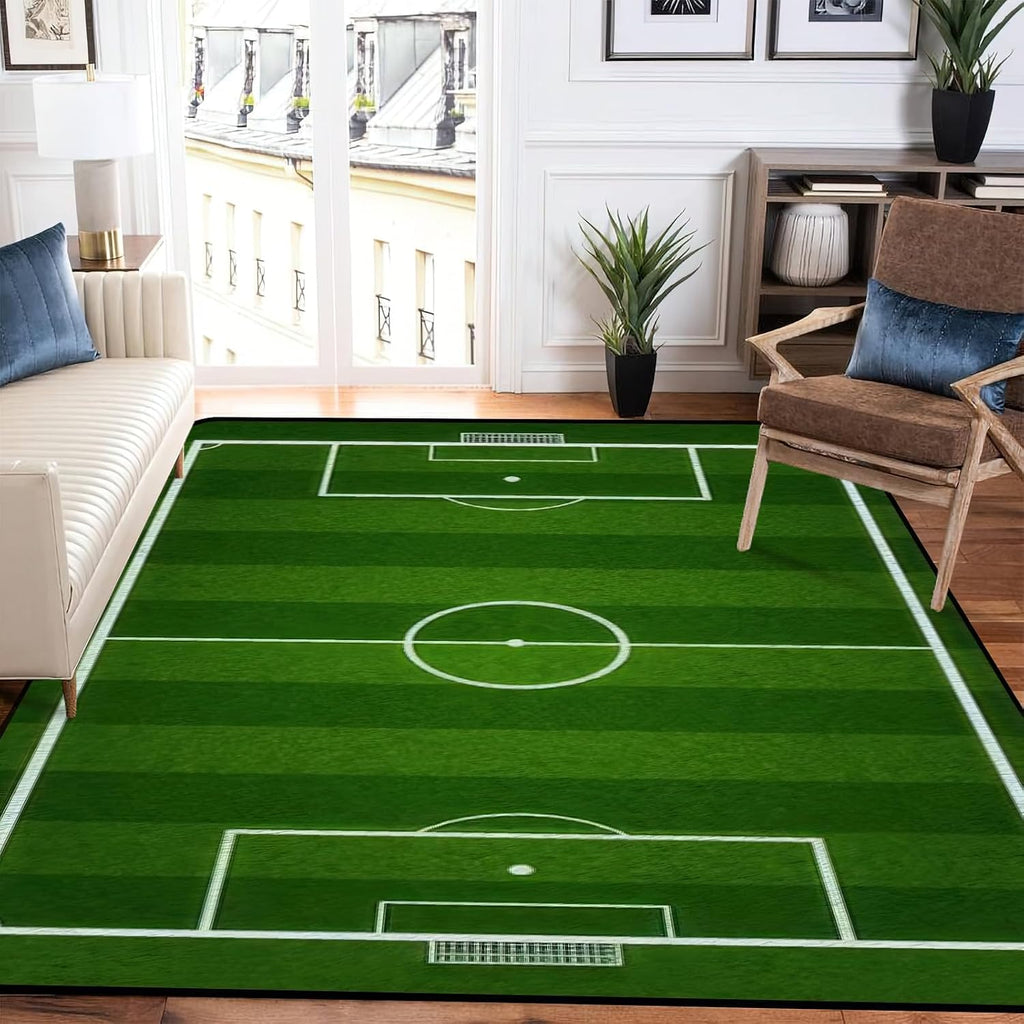 Green Football Field Area Rug, Youth Football Indoor Non Slip Living Room Rug, Machine Washable Breathable Durable Carpet for Living Room Entryway Bedroom Dormitory - 5 ft x 7 ft