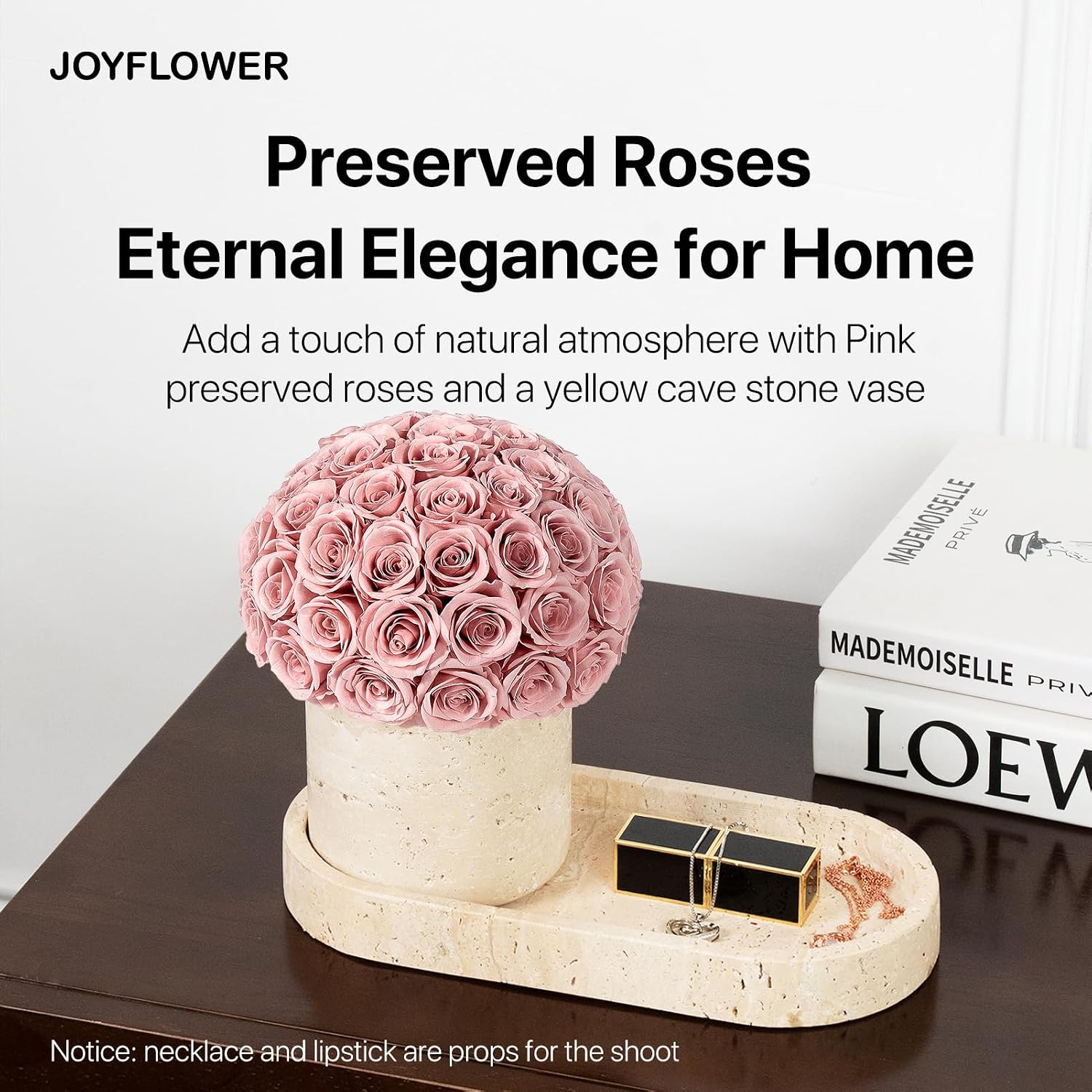 JoyFlower Preserved Flowers Vase, Yellow Travertine Flower Vases & Travertine Tray, Eternal Flower Decorations for Party Home Living Room Bedroom Coffee Table, Decorative Flower Vase House Decor(Pink)