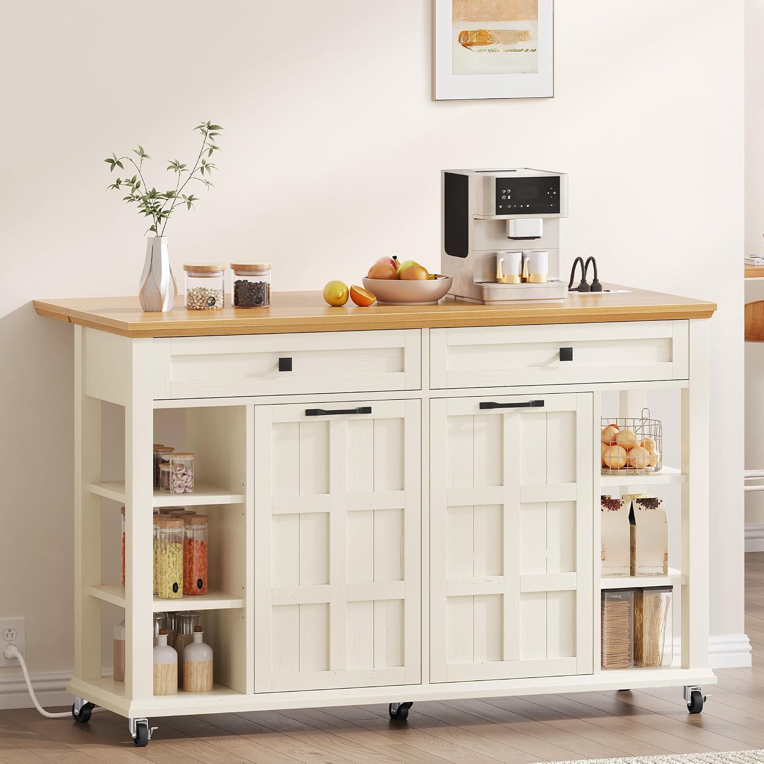 YITAHOME Rolling Kitchen Island with Drop Leaf, 51 Inch Kitchen Cart with Trash Can Cabinet, Americana Center Island with Power Outlet, Mobile Foldable Dining Table with Open Shelves, Off-White