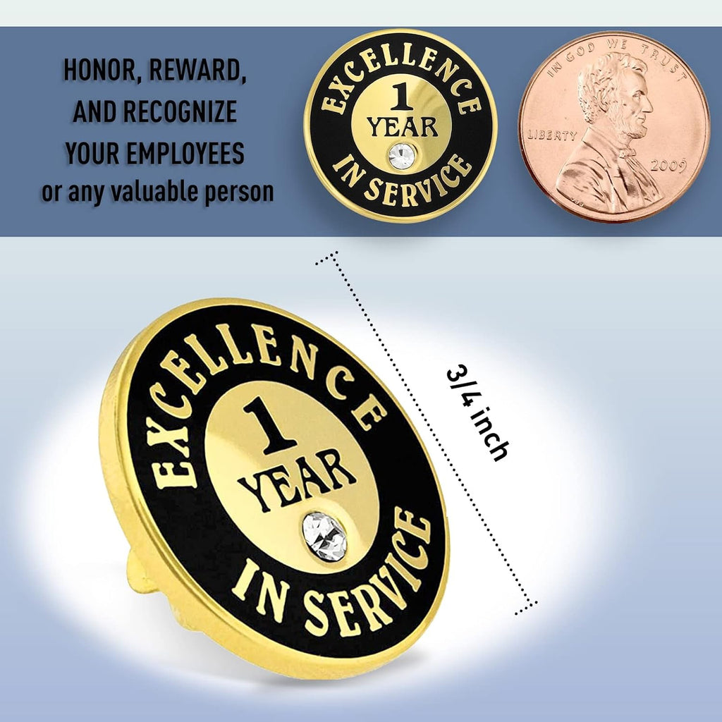PinMart Gold Color Plated Excellence in Service Year Award Lapel Pin – Metal Enamel Workplace Reward Pin w/Rhinestone – 1-60 Years Pins for Long Standing Employees