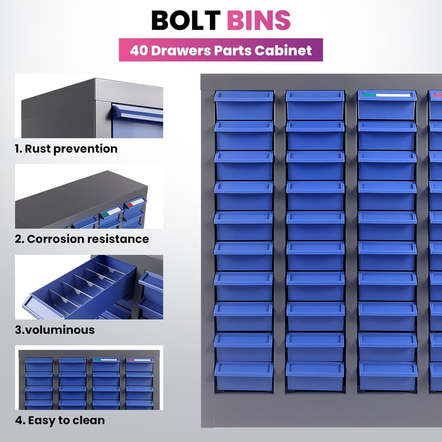 40 Drawers Parts Cabinet with 200 Dividers & 80 Label Slots, Heavy-Duty Alloy Steel Frame & ABS Drawers Bolt and Nut Tool Storage Cabinet, Bolt Bins Organizer for Workshop, Garage, Office