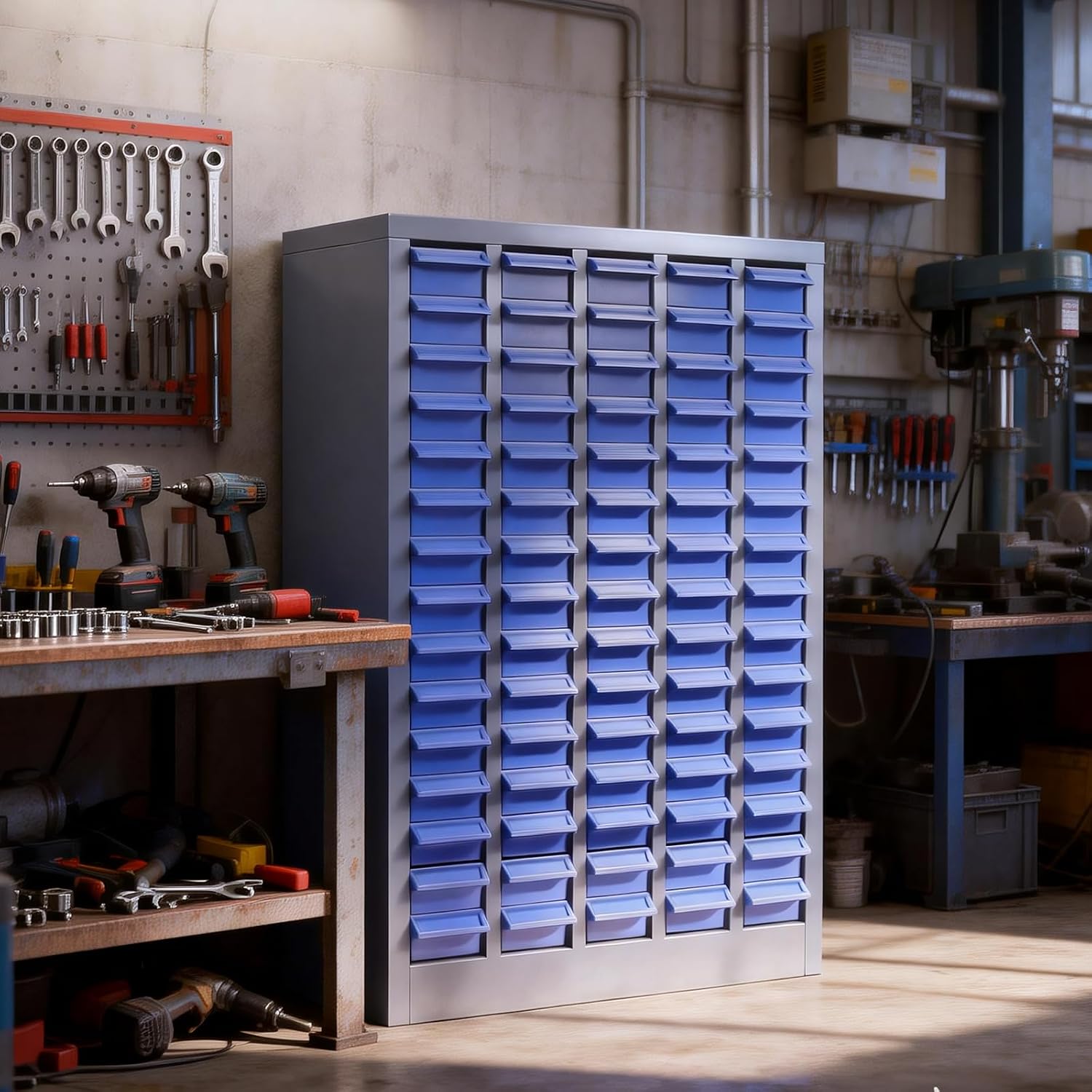 75 Drawer Parts Cabinet, Nut and Bolt Organizer with Shelf and Label, Blue Bolt Bin, ABS Material Bolt Bins, Bolt Organizer Storage for Storing Sample, Metals and Electronic Element