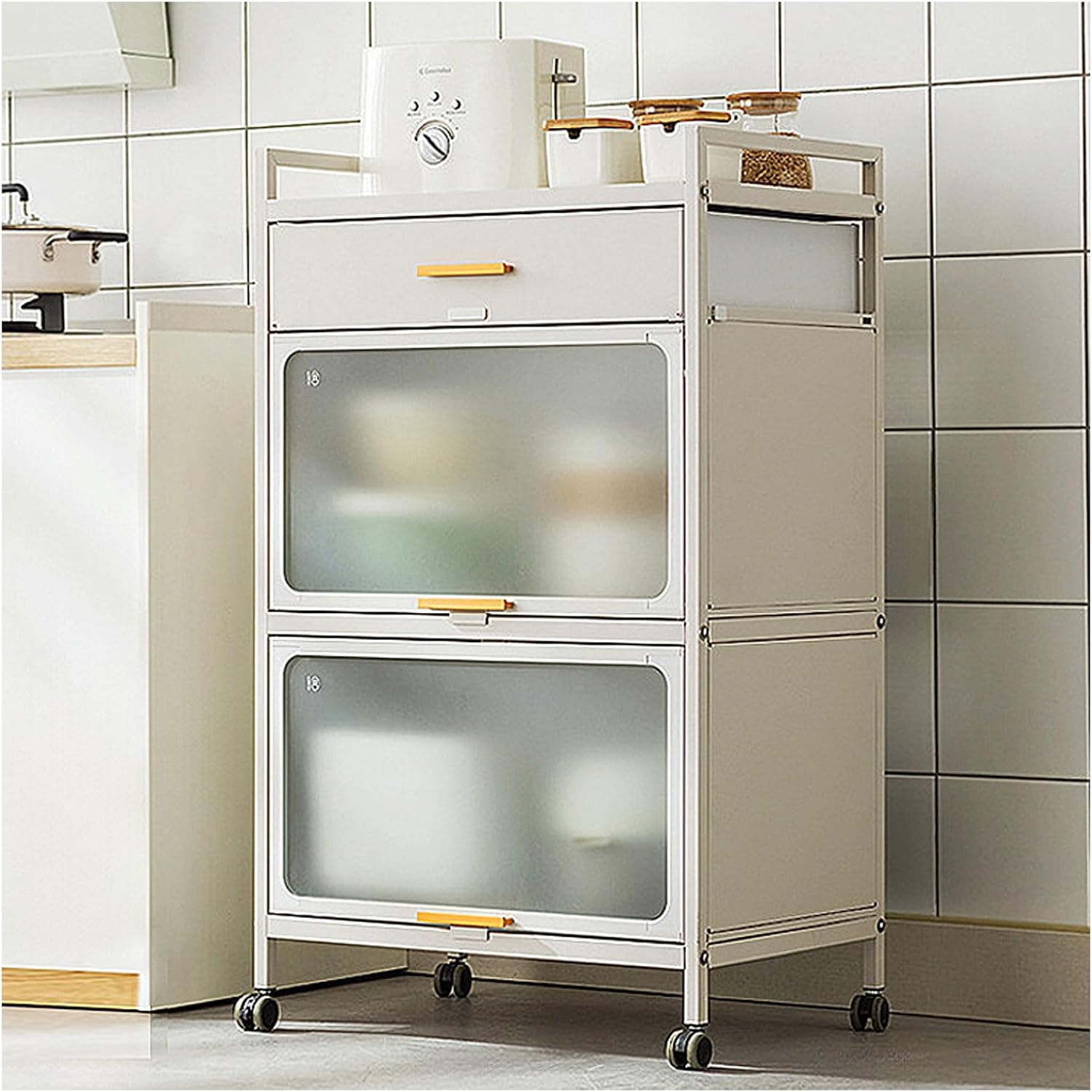 5 -Tier Kitchen Hutch with Flip Door Cabinet, Bakers Rack with Drawers, Coffee Cabinet Bar, Microwave Cart with Brakeable Casters, Pantry Cabinets for Kitchen Storage,White,60×102cm/23.6×40in
