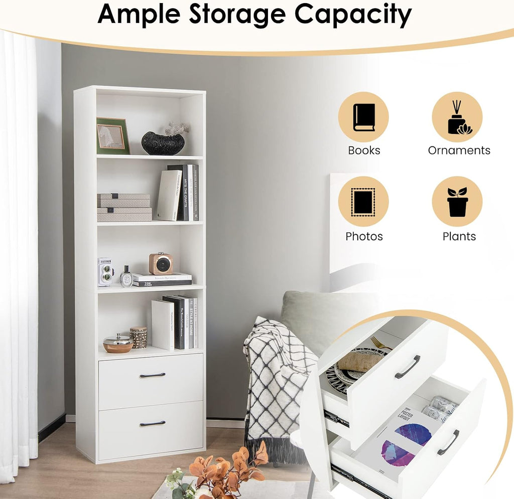 LOKO 74 Inches Tall Bookcase, 6-Tier Modern Tall Storage Cabinet with 2 Drawers & 4 Open Shelves, Freestanding Wooden Bookshelf with Anti-toppling Devices for Living Room, Study, Home Office (White)