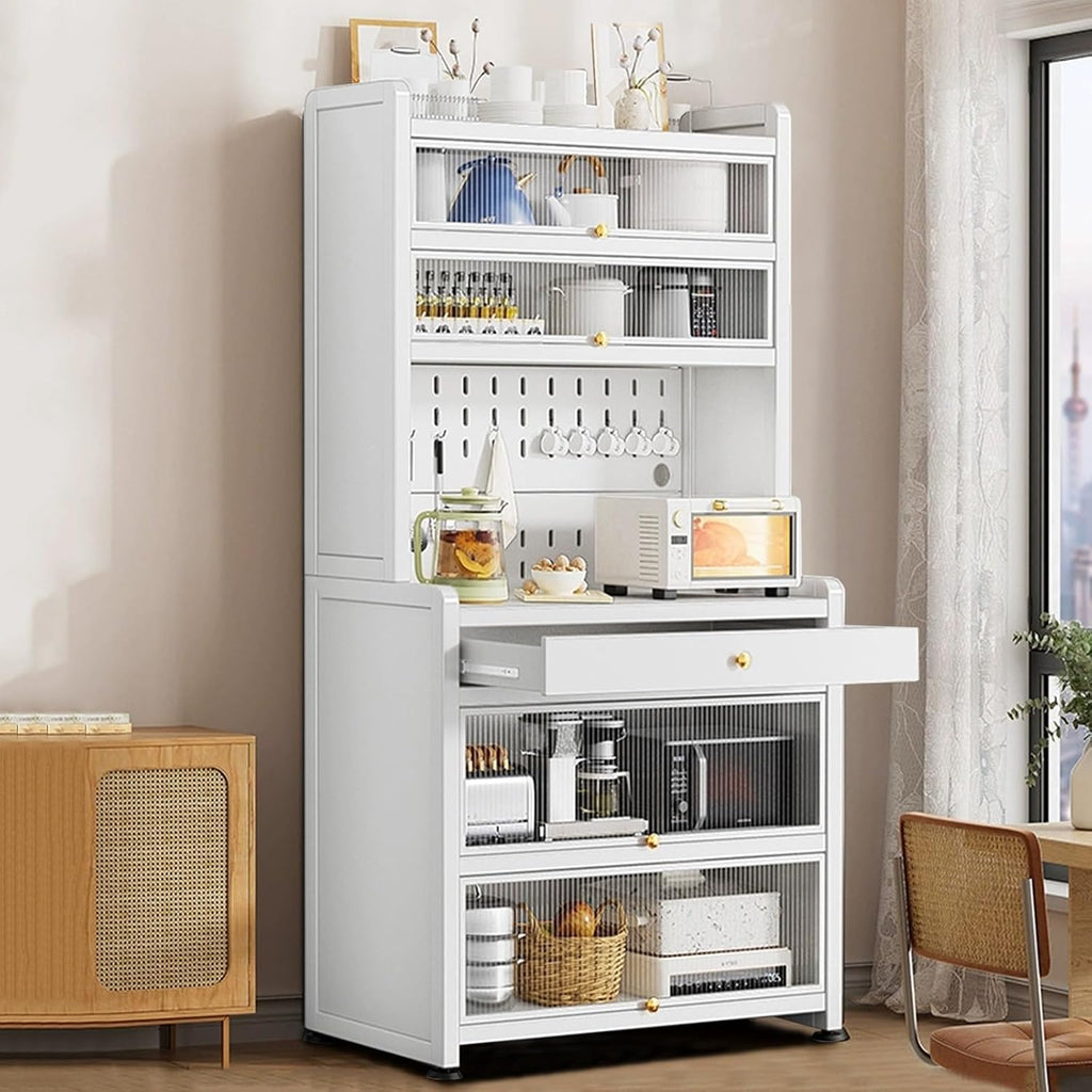6 Tier Bakers Racks with Storage For Kitchens, Kitchen Pantry Hutch with Countertop, with 4 Hooks, Extended Vertical Space(White,80cm)