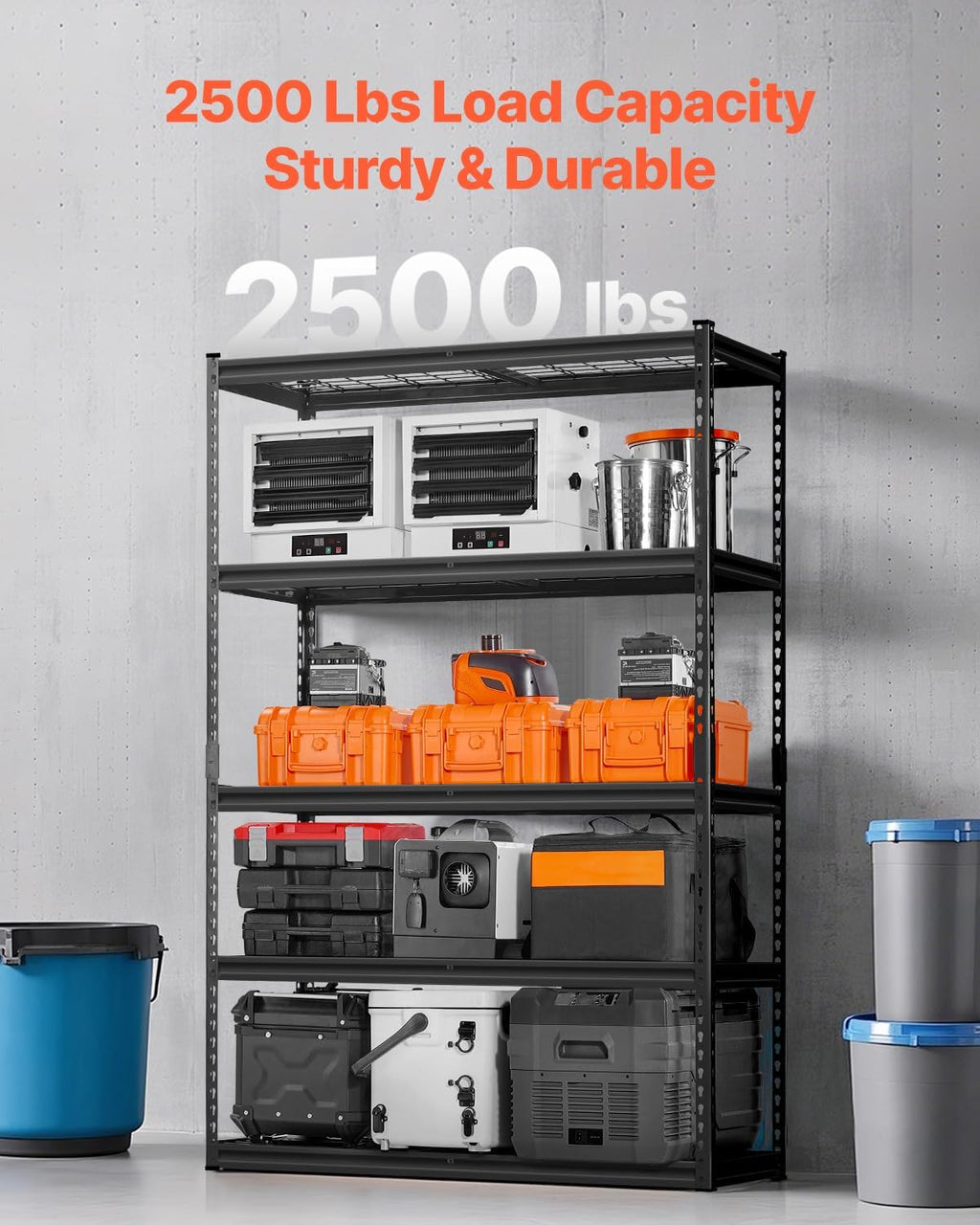 VEVOR Storage Shelves, 2500 lbs, 5 Tier Heavy Duty Garage Shelving, 18' D x 48' W x 72' H Adjustable Metal Shelves for Industrial Shelving Unit Utility Shelf, for Kitchen, Warehouse, Basement, Black