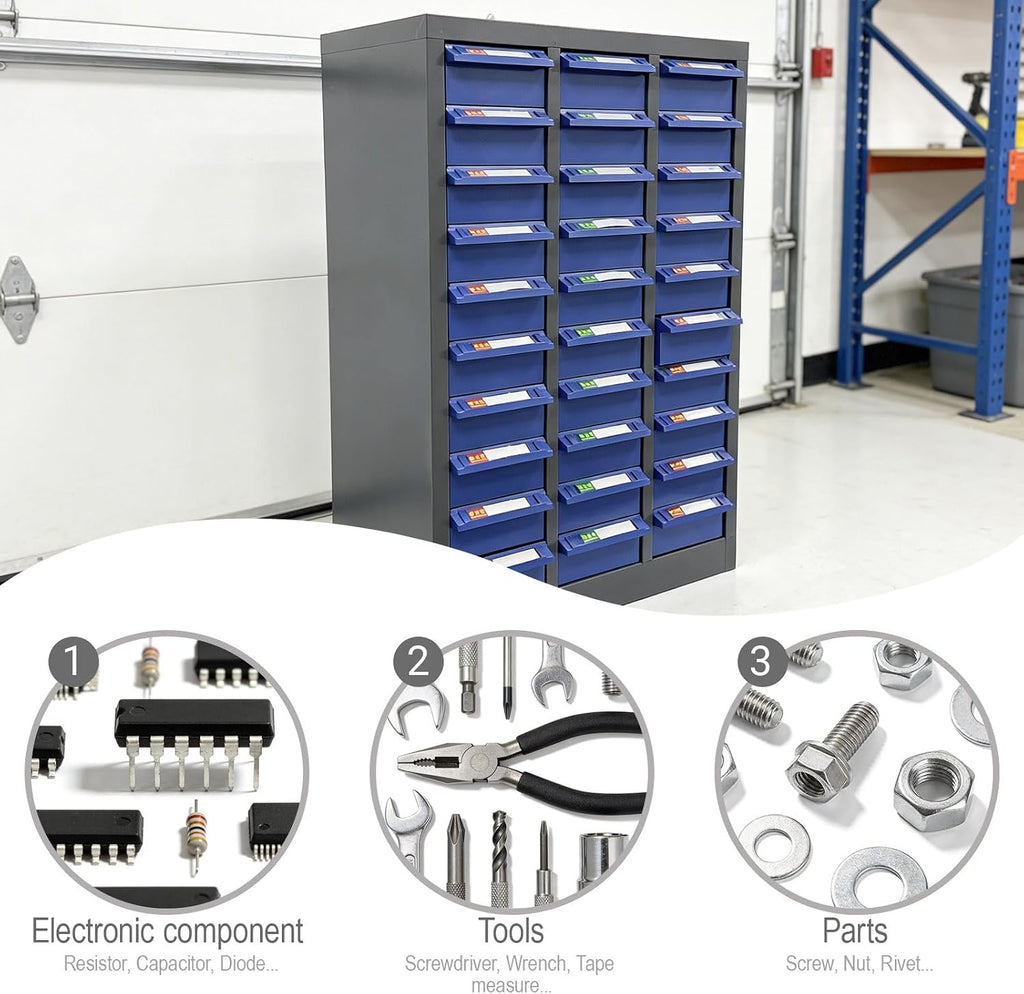 30-Drawer Parts Storage Cabinet, 21.5' L x 12.4' D x 34.3' H, Cold Rolled Steel & ABS Material, Heavy Duty Organizer for Home, Repair Shop, and Factory, Doorless Design