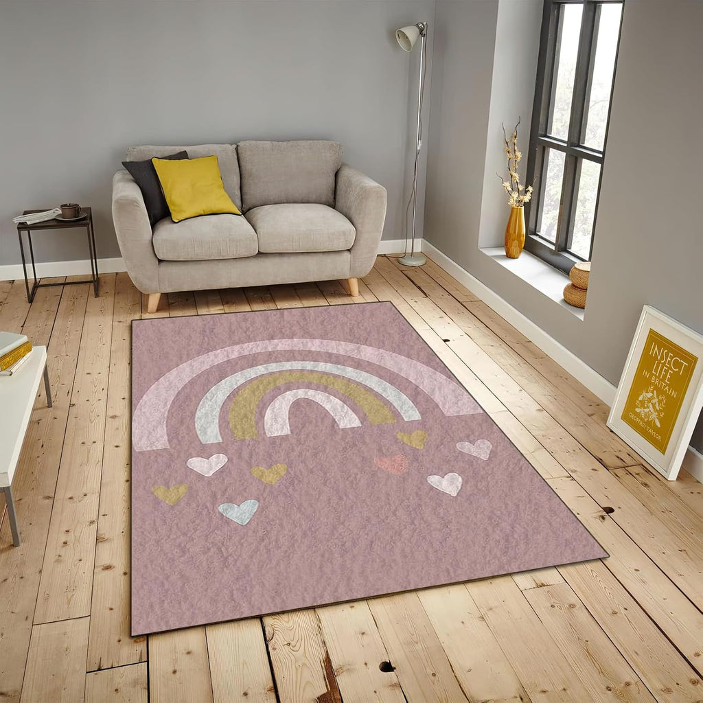Pink Abstract Rainbow Art Area Rug, Modern Love Print Indoor Non Slip Living Room Rug, Machine Washable Breathable Durable Carpet for Sofa Bedroom Dining Room Home Decor - 5 ft x 7 ft