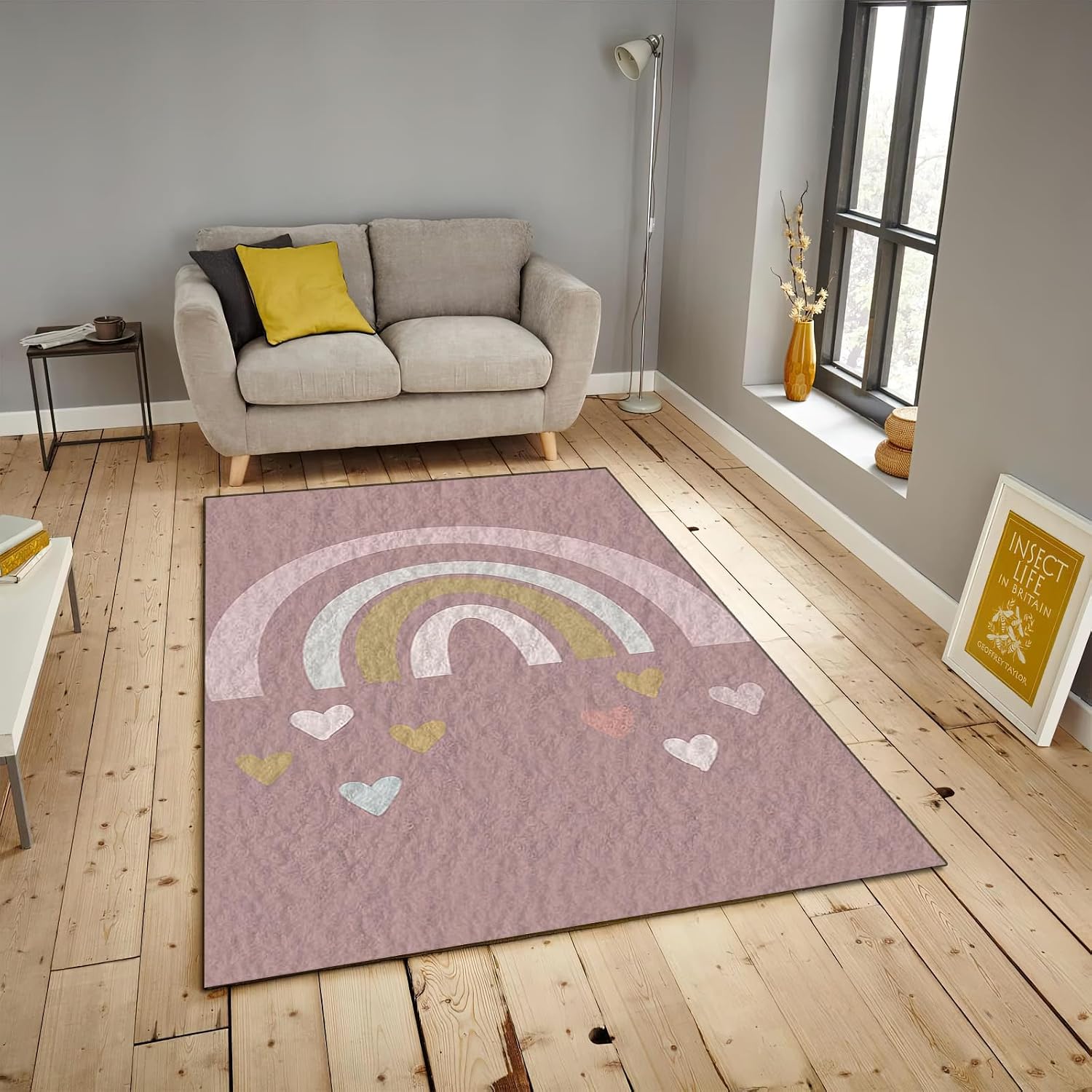 Pink Abstract Rainbow Art Area Rug, Modern Love Print Indoor Non Slip Living Room Rug, Machine Washable Breathable Durable Carpet for Sofa Bedroom Dining Room Home Decor - 5 ft x 7 ft