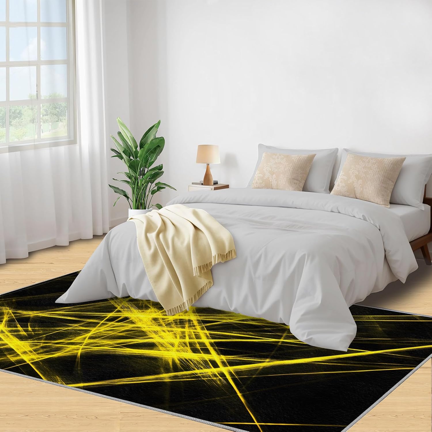 Modern Fashion Rug 6x8-6x8 Rug, Black Yellow Lines Area Rugs for Bedroom, Abstract Rugs for Living Room, Minimalist Washable Mat, Yellow Lines Carpet, Modern Home Decor & Gifts