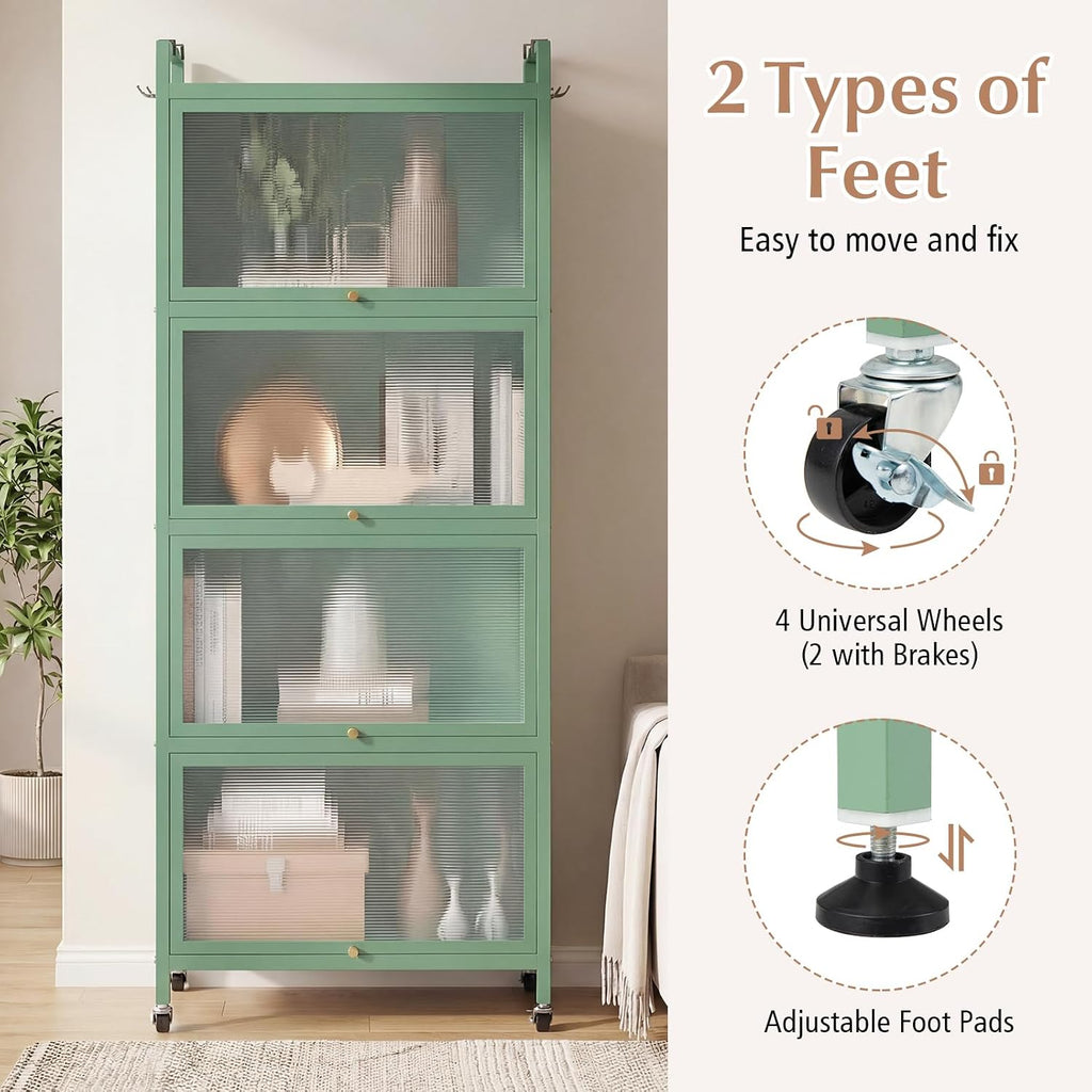 LDAILY 5-Tier Kitchen Storage Cabinet, Mobile Microwave Stand with Metal Frame, Double Anti-toppling Device, 4 Rolling Casters, Freestanding Bakers Rack for Kitchen, Dining Room, Living Room (Green)