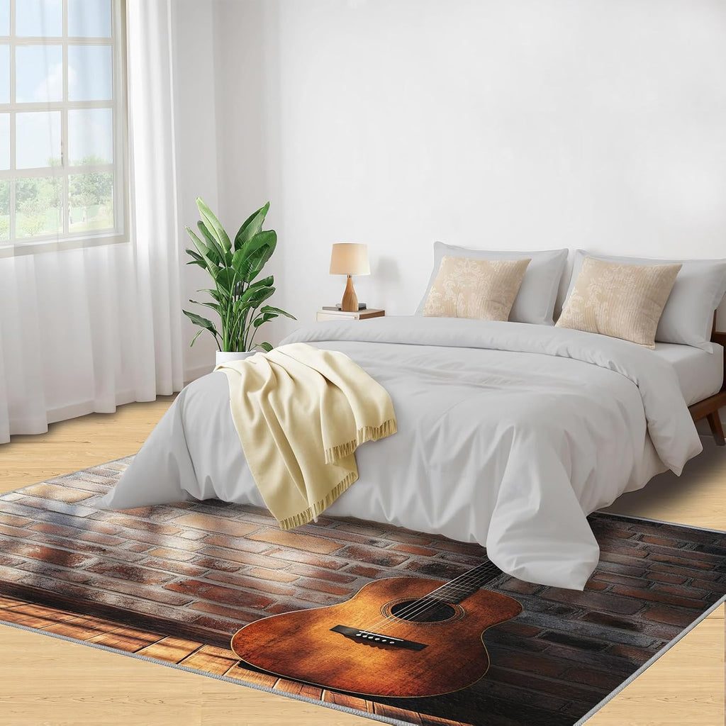 Guitar Rugs for Bedroom - 5x7 Rug, Music Area Rugs for Living Room, Brickwall Carpet, Boys Washable Mat, Guitar Home Decor & Gifts