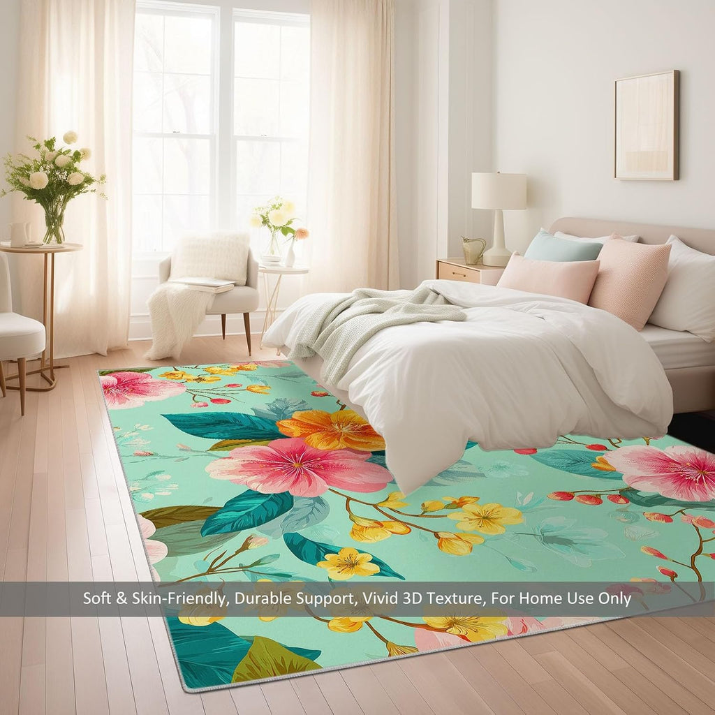 Soft Pastoral Carpet for Bedroom Living Room Non-Slip Rugs 5' x 7', Fluffy Indoor Washable Plants Flowers Mint Green Carpet for Kids Boys Girls Dorm Nursery Room Home Decor