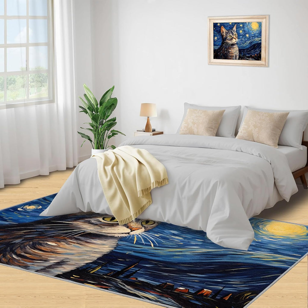 6x8 Area Rug - Starry Sky American Shorthair Cat Large Rugs for Living Room, Post-Impressionist Art Painting Carpet Area Rug for Girls Bedroom Kids Room Basement Office Classroom