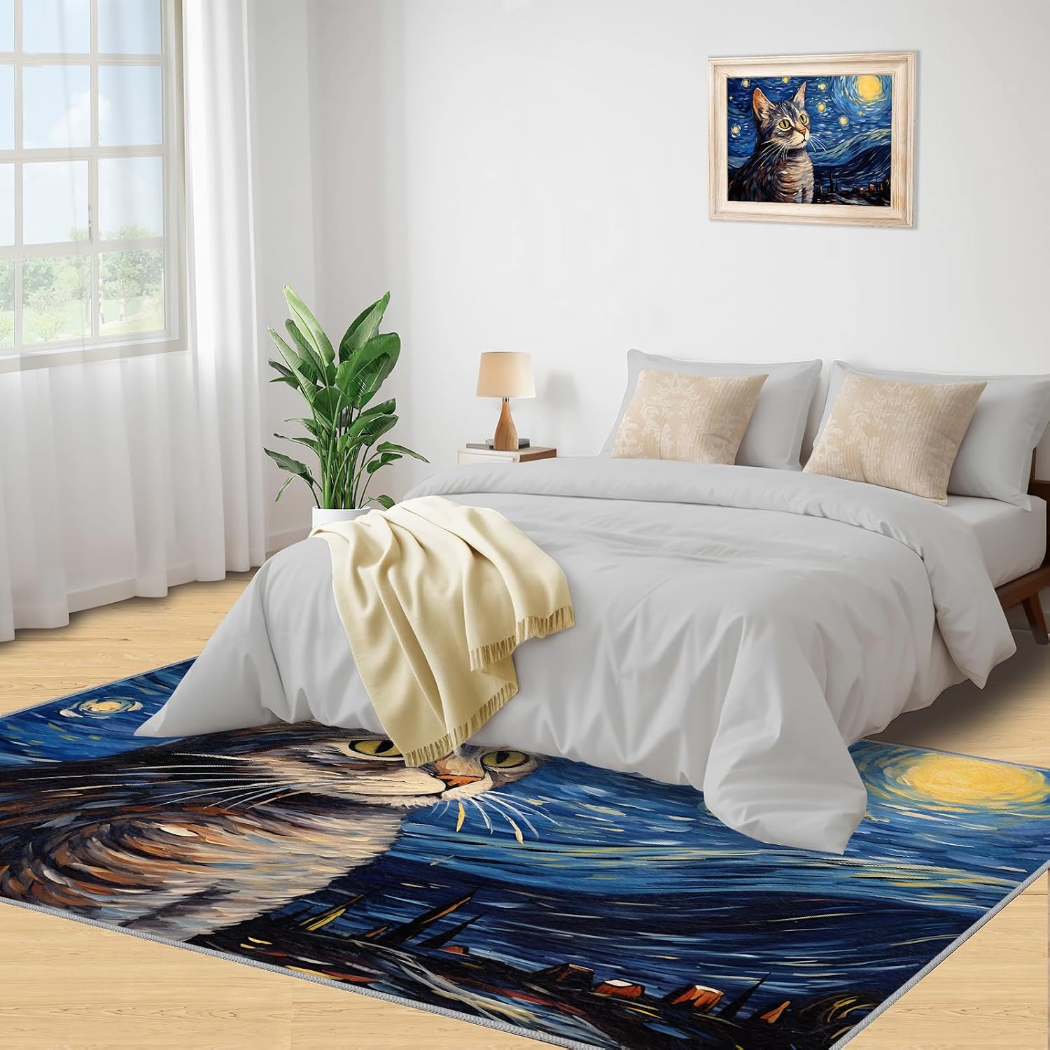 6x8 Area Rug - Starry Sky American Shorthair Cat Large Rugs for Living Room, Post-Impressionist Art Painting Carpet Area Rug for Girls Bedroom Kids Room Basement Office Classroom