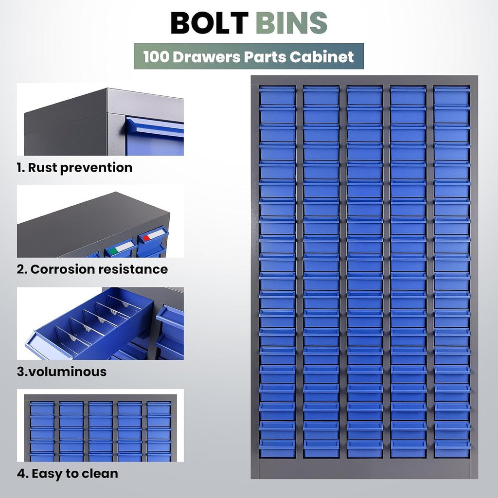 100 Drawers Nut and Bolt Organizer, Stainless Steel Parts Cabinet with 500 Dividers & 200 Labels, Bolt Bin Cabinets for Workshop Tool & Hardware Storage and Organization, Blue Grey