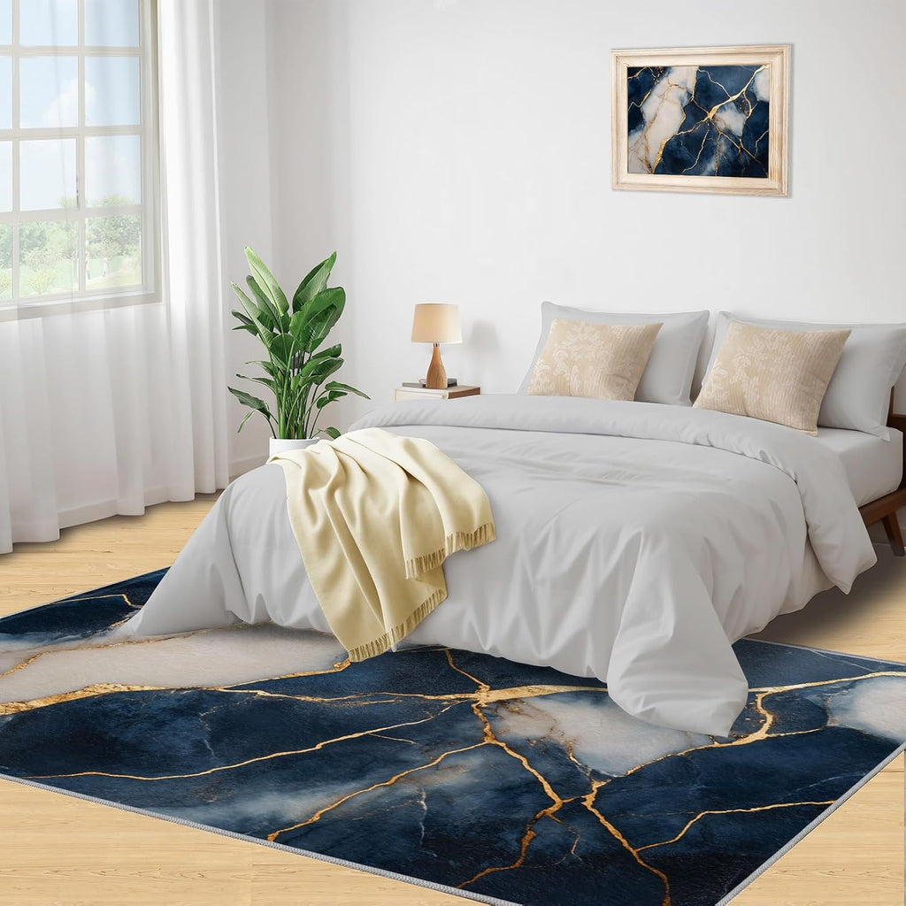 Blue Gold Carpet - Large Rug 6x8 - Marble Rugs for Living Room - Soft & Non Slip & Washable Rugs for Bedroom, Light Luxury Carpets for Dining Room Lounge Girls Room