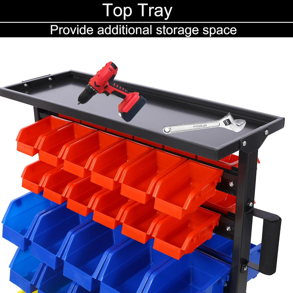 6-Tier Rolling Bin Stroage Rack with 60 Bins, Dual-Sided Parts Organizer with Wheels and Top Tray, Heavy Duty Tool Storage Rack for Workshop, Garage, Utility Use