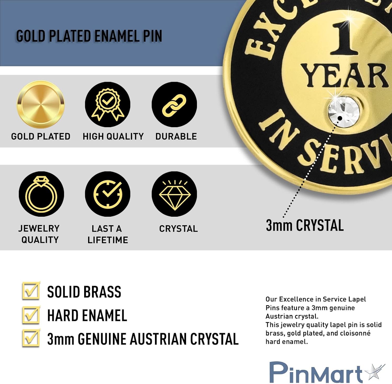 PinMart Gold Color Plated Excellence in Service Year Award Lapel Pin – Metal Enamel Workplace Reward Pin w/Rhinestone – 1-60 Years Pins for Long Standing Employees
