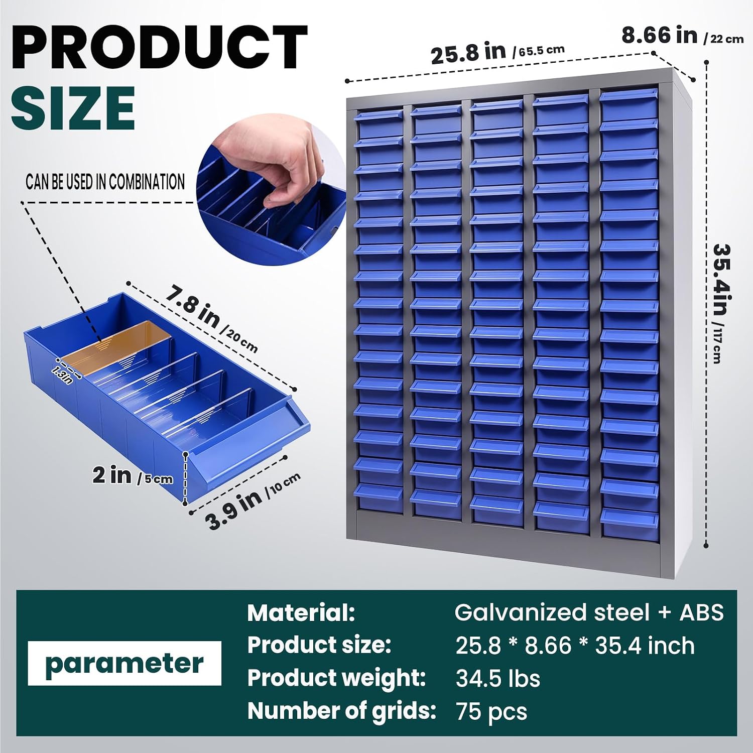 Parts Cabinet 75 Drawers with Dividers and Labels,Stainless Steel Bolt Box Organizer,ABS Material Drawer,26'x8.66'x35.4'Nuts and Bolts Organizer for Store,Toys,Parts,Screws (Classic 75 Drawers)