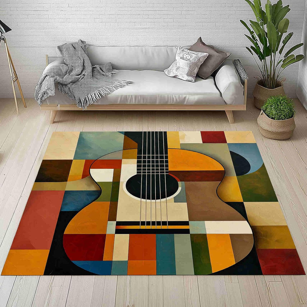 Vibrant Geometric Guitar Segments 5x7 Area Rugs Washable Colorful Patchwork Motifs Kids Rug for Bedroom Home Decor Carpet Mustard Yellow Rugs Indoor Non-Slip Low Pile Rug
