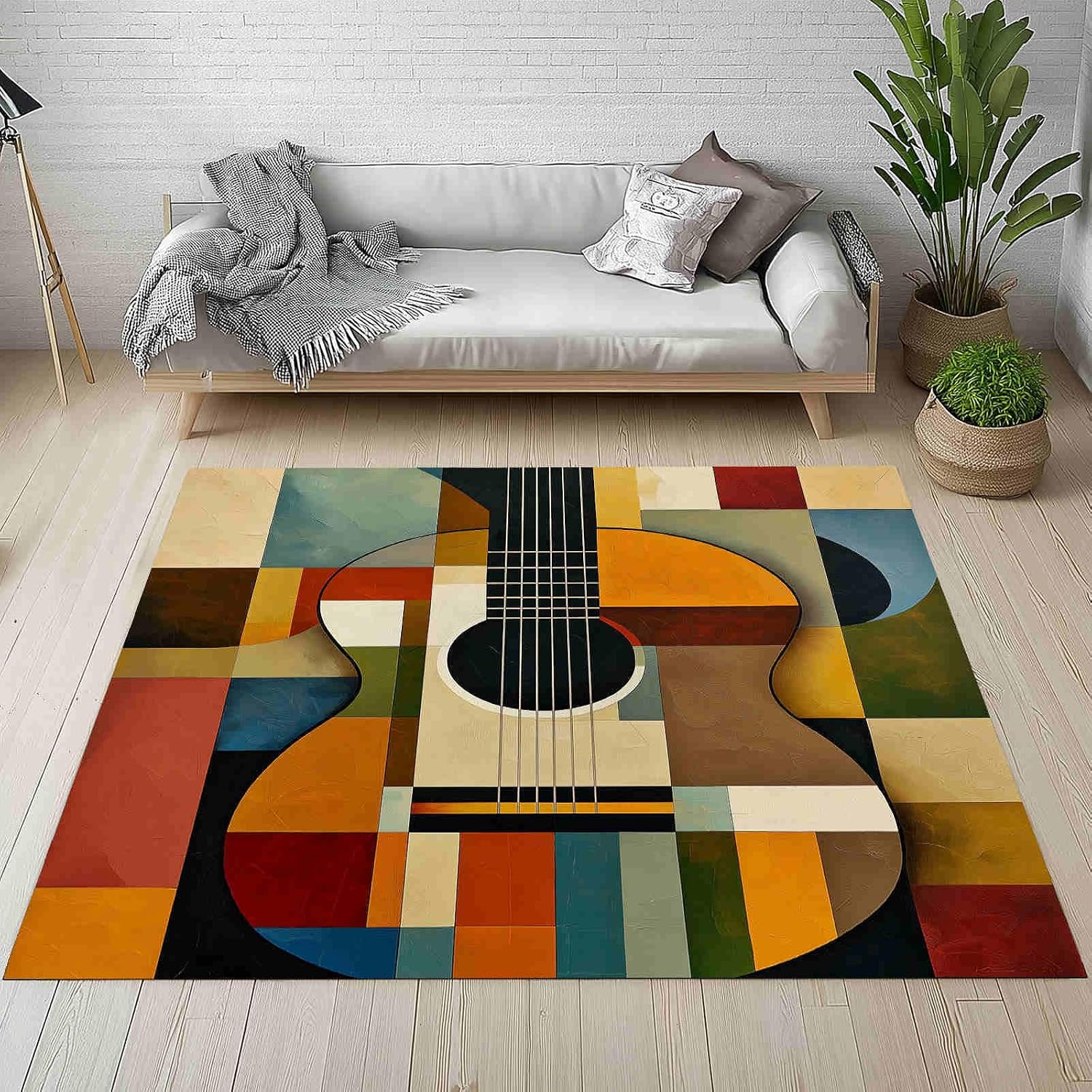 Vibrant Geometric Guitar Segments Washable Area Carpet 5x6ft Colorful Patchwork Motifs Living Room Rugs Non-Slip Rugs Mustard Yellow Bedroom Rug Decorative Carpet, for Dining Room Washable Rug