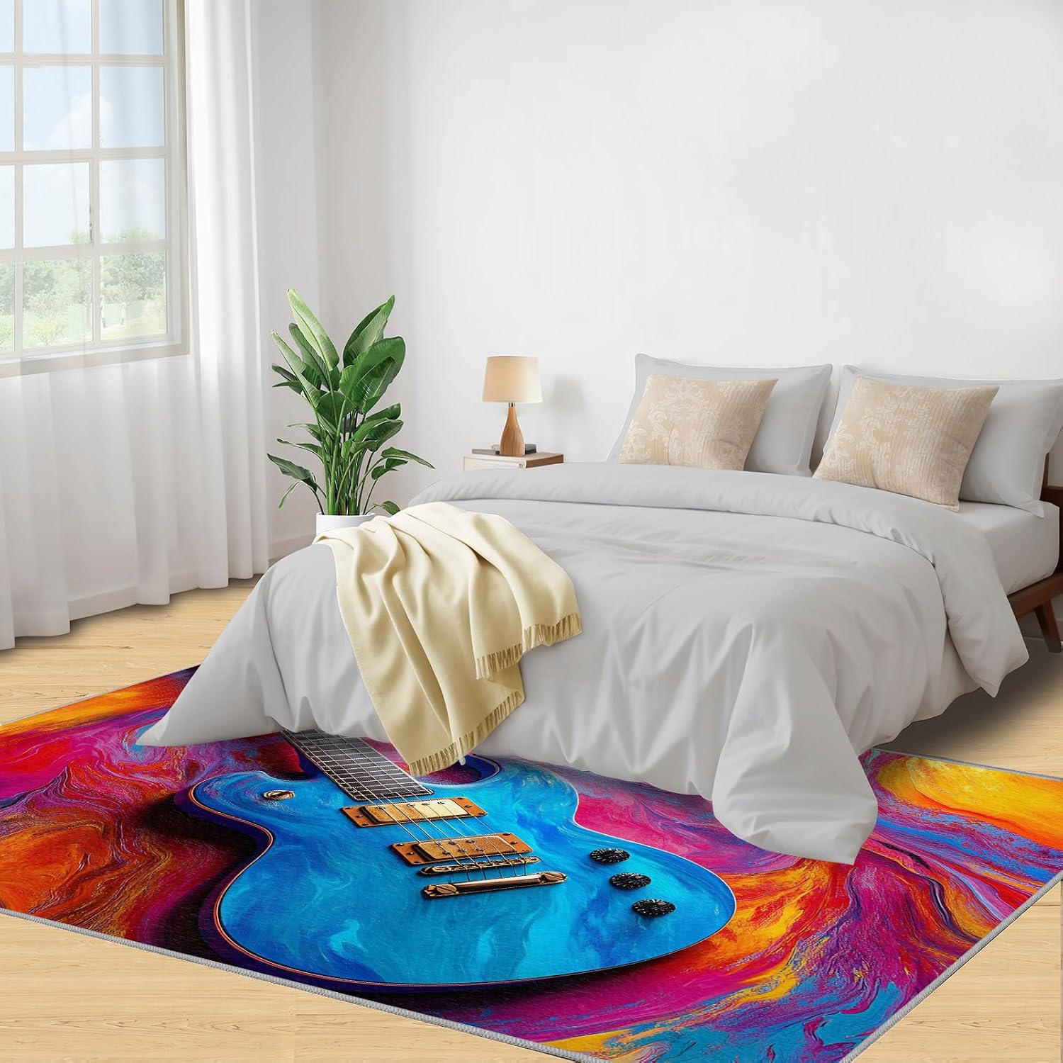 Guitar Area Rug 8x10-8x10 Rug, Colorful Rugs for Living Room, Music Carpet, Musical Instrument Washable Area Rugs for Bedroom, Boys Carpet, Guitar Home Decor