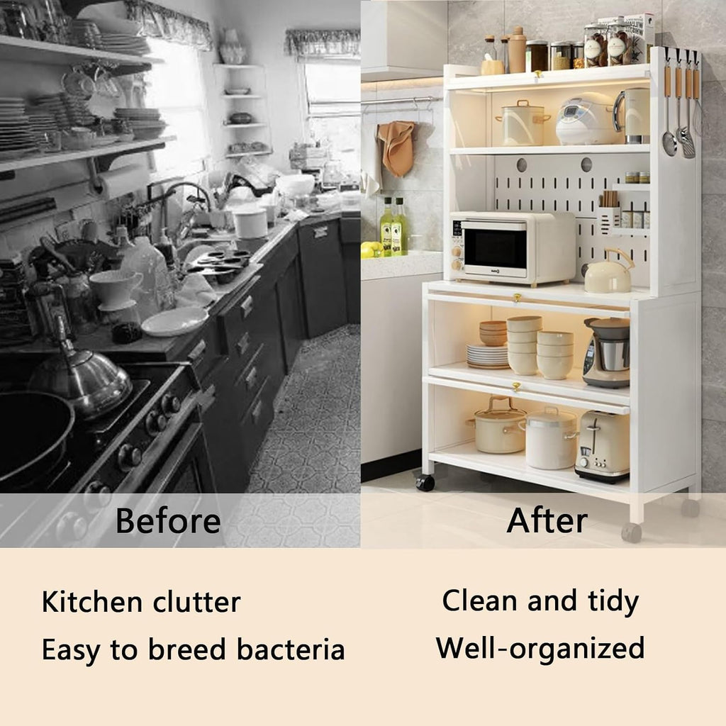 Bar Hutch with Flip Door, 5 Tier Bakers Rack, Storage Hutch for Kitchen with 4 Hooks for Home, Living Room, Dining Room(White/Black)
