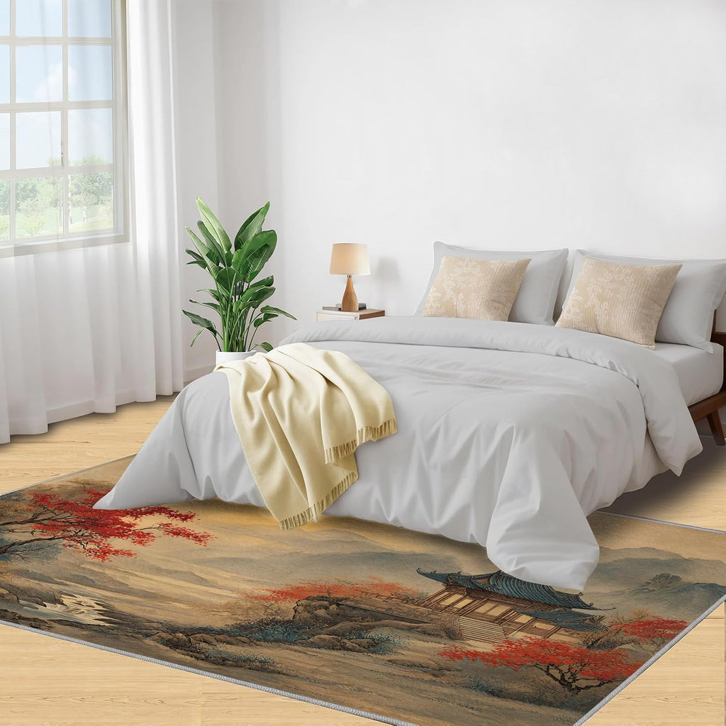 Chinese Rugs for Bedroom, Landscape Rug 6x8, Oriental Ink Painting Dining Room Rugs Washable & Non Slip Large Carpet for Home Decor
