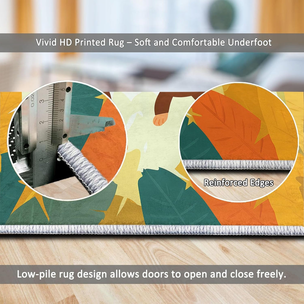 Cartoon Plants Leaves Monkey Print Area Rug 5 x 7 ft Washable, Orange Non-Slip Floor Mat - Soft Low-Plie Faux Wool Carpet for Bedroom Living Room Kitchen Entryway Pet Friendly Rug