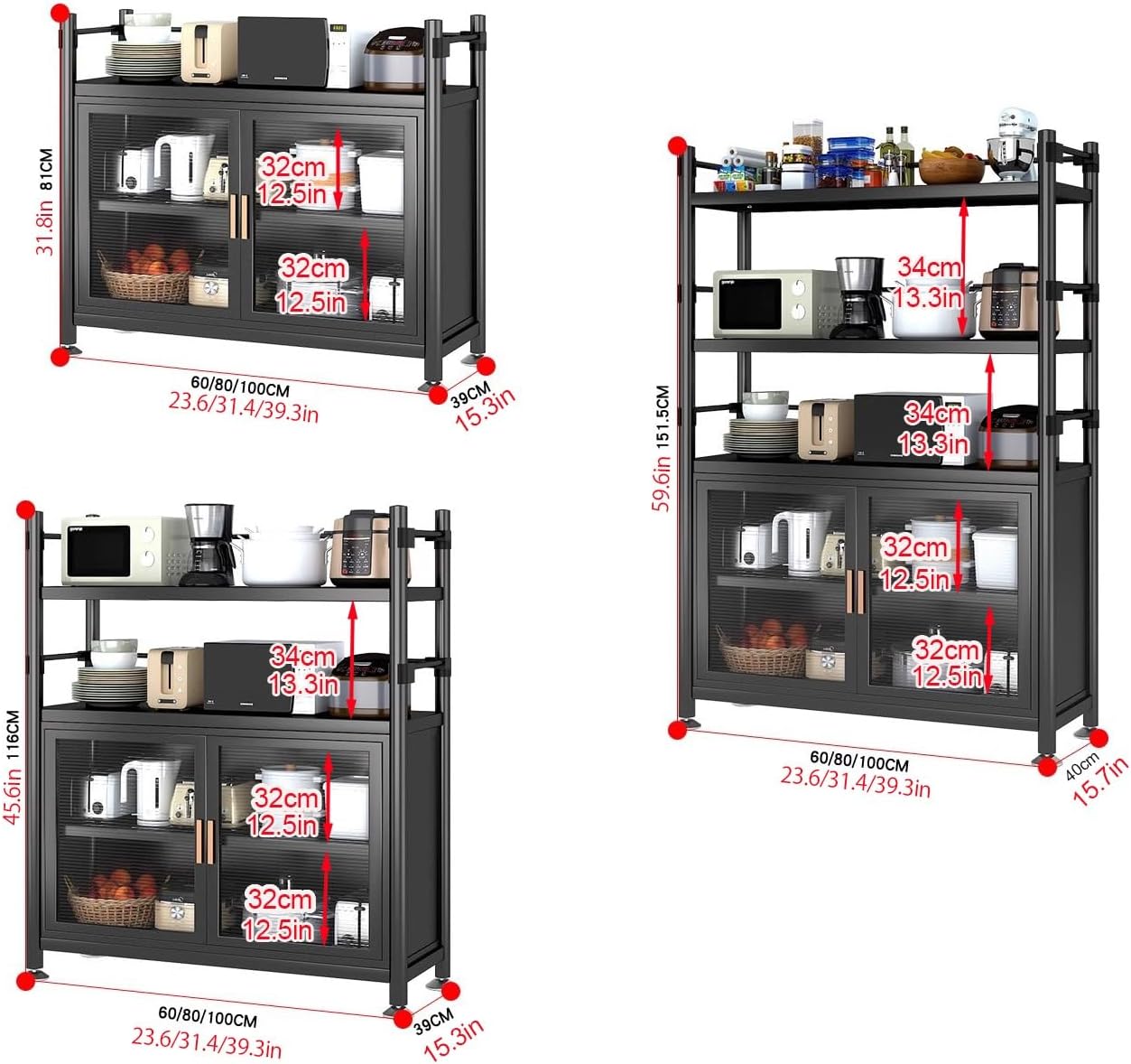 ,Height Adjustable Bakers Rack with Storage,Metal Microwave Oven Stand for Dining Room Living Room,Storage Shelf,Black-60x40x81cm