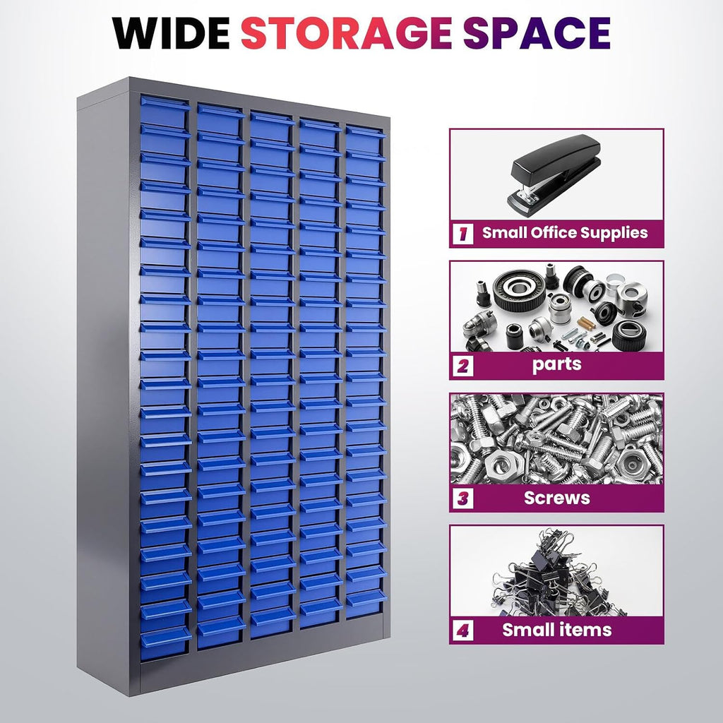 Alloy Steel Nuts and Bolts Organizers and Storage , 8.66'D x 25.8'W x 35.4'H, ABS Material Drawer Parts Cabinet with Labels and Dividers, Small Parts Organizer for Workshop, Office，Home (100 Drawers)