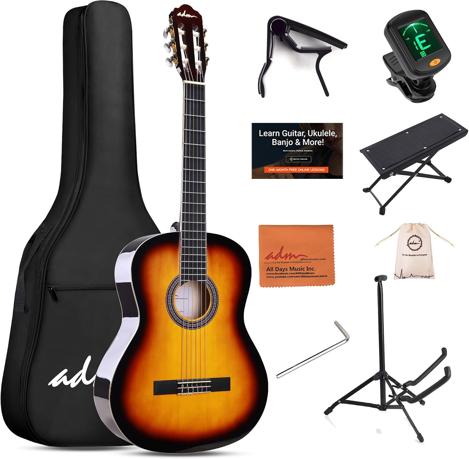ADM Full Size Classical Nylon Strings Acoustic Guitar 39 Inch Classic Guitarra Starter Bundle for Adult with Free Lessons, Gig Bag, E-tuner, Footstool, Kids Student Beginner Kits (Sunburst, 39 Inch)