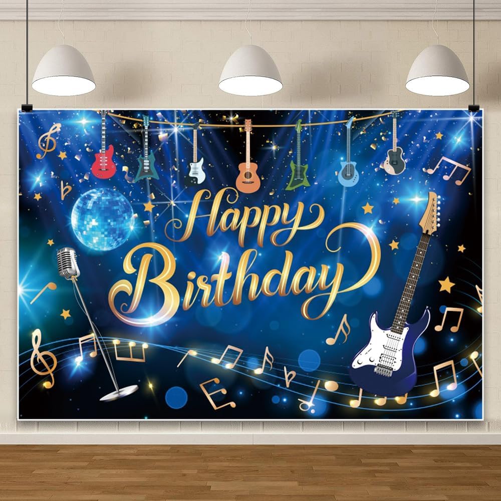 AWERT 20x10ft Blue Popular Music Theme Happy Birthday Background Banner Colorful Guitar Gold Music Notes Photography Backdrop Kids Adults Birthday Party Decoration Supplies