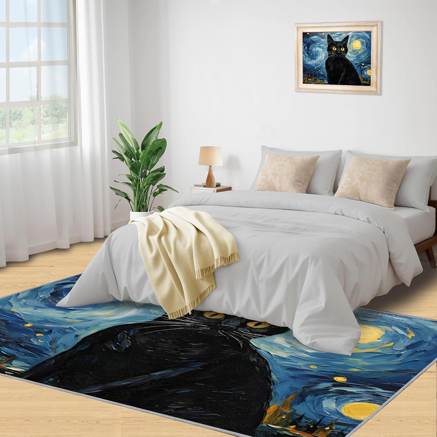 6x8 Area Rug - Starry Night Black Cat Large Rugs for Living Room, Post-Impressionist Art Painting Carpet Area Rug for Girls Bedroom Kids Room Basement Office Classroom