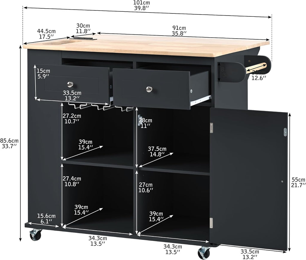 Merax 40' Width Kitchen Island with Storage, Rolling Kitchen Islands Cart with Power Outlet & Open Storage Shelves, Drop Leaf, Rubberwood Top, Lockable Wheels, Wine Rack, Towel Rack (Black)