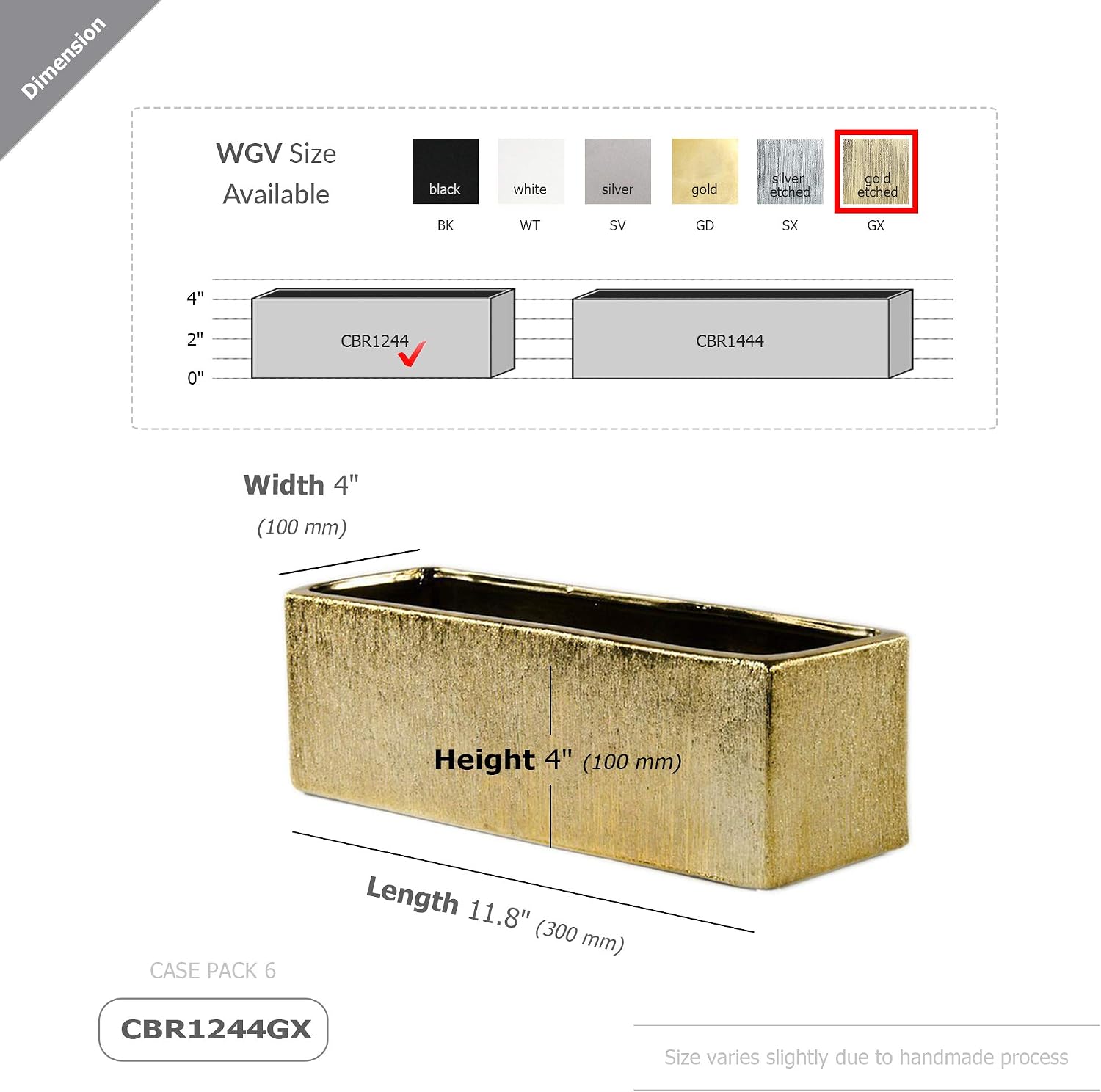 WGVI Long Rectangle Ceramic Planter Vase in Gold Etched 12' x 4' x 4'H, Block Rectangular Terrarium Box Pot, Flower Arrangement, Table top Centerpiece, Home Decor Storage Container, Bulk, 6 Pcs.