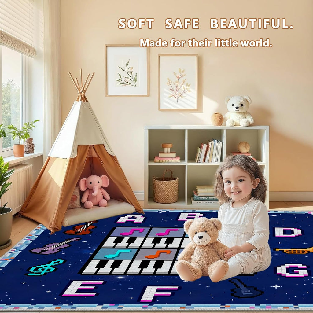 Music Pixel Area Rug 5x8ft, Piano Keys Violin Guitar Rugs for Bedroom Living Room Classroom Nursery Playroom Game Room, ABC Educational Fun Carpet Non Slip Washable for Boys Girls