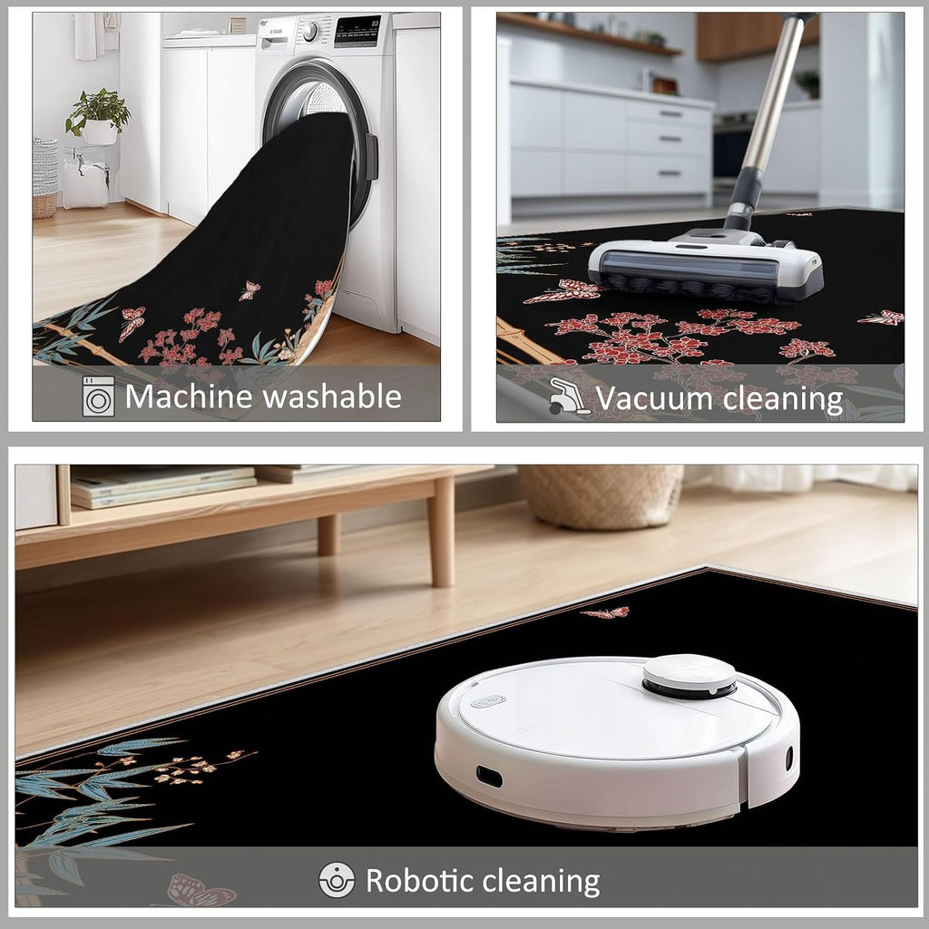 Japanese Plants Flowers Bamboo Area Rugs 5 x 7 ft for Kids Room Boys Girls, Black Polyester Indoor Carpet - Machine Washable Non-Slip Soft Printed Rug for Bedroom Living Room Decor
