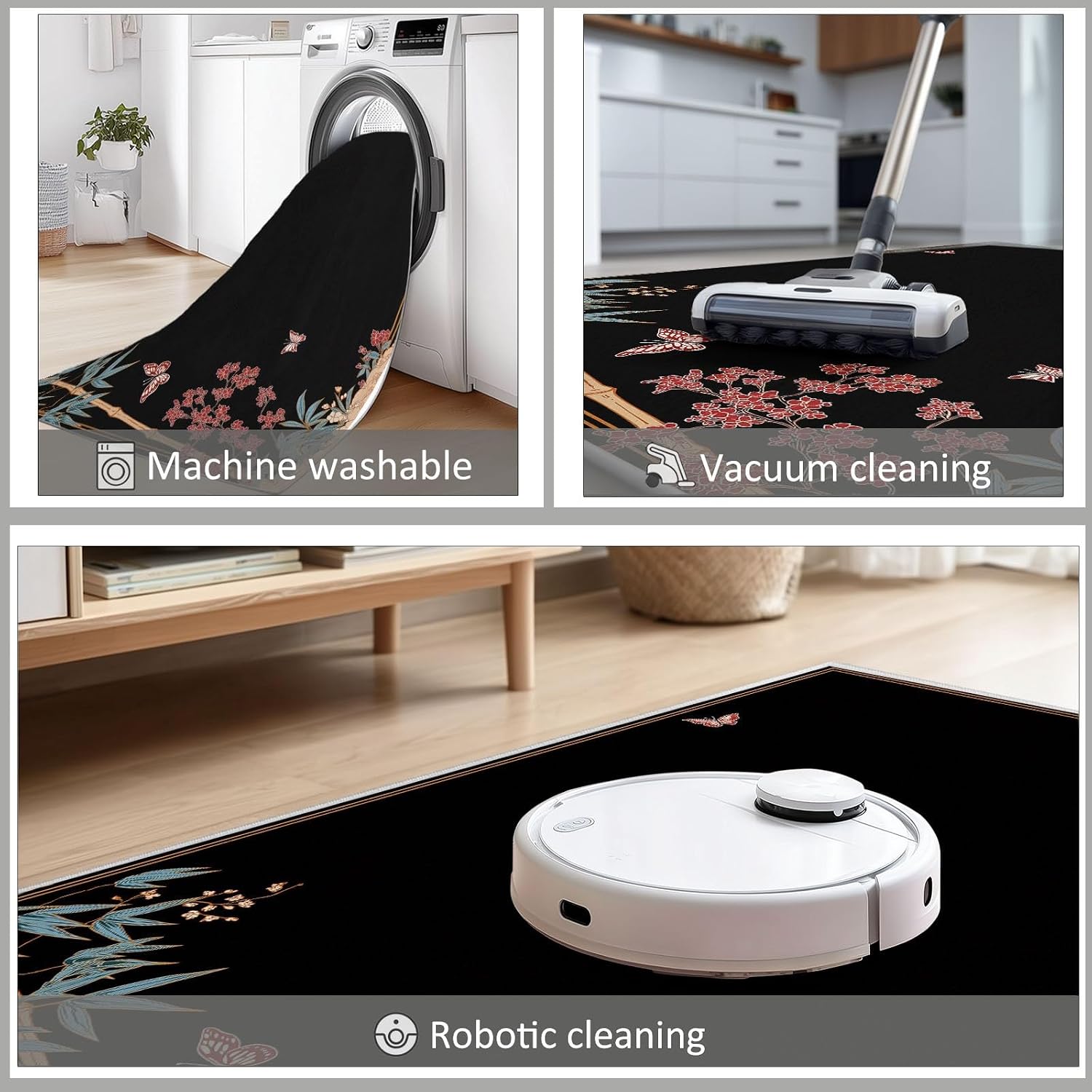 Japanese Plants Flowers Bamboo Area Rugs 5 x 7 ft for Kids Room Boys Girls, Black Polyester Indoor Carpet - Machine Washable Non-Slip Soft Printed Rug for Bedroom Living Room Decor