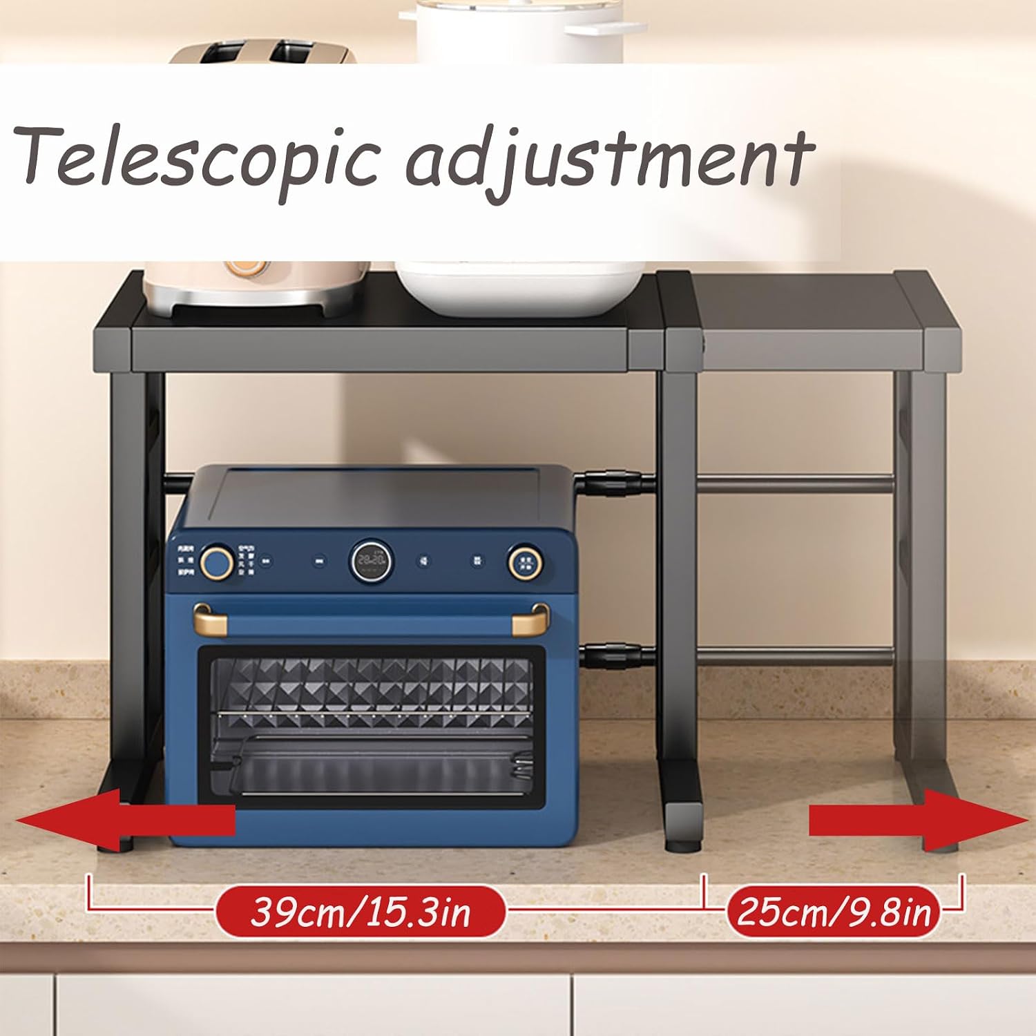 Adjustable 2-Tier Microwave Oven Shelf, Extendable Kitchen Storage Rack with Chopstick Holder, Space-Saving Baker Stand for Countertop, White