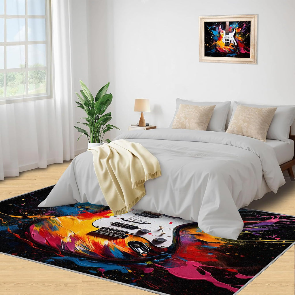 Guitar Area Rug - Cool Guitar Rugs for Bedroom - Music Lover Living Room Rug, Indoor Machine Washable Carpet for Music Studio Band Entertainment Room 6x8ft