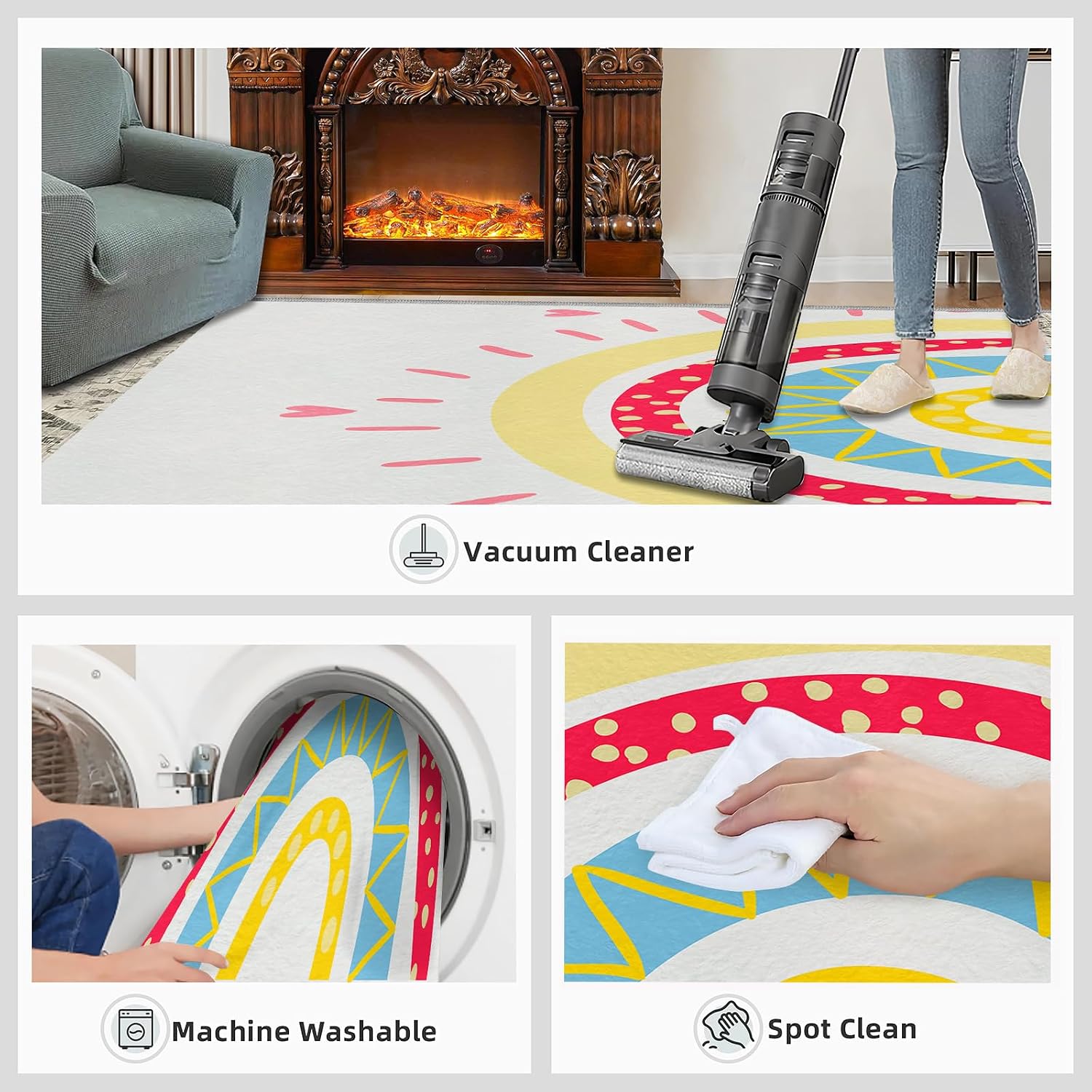 Abstract Rainbow and Heart Area Rug, Colorful Modern Boho Rugs for Living Room, Indoor Non-Slip Kids Rugs, Machine Washable Breathable Durable Carpet for Front Entrance Floor Decor,6 x 8ft