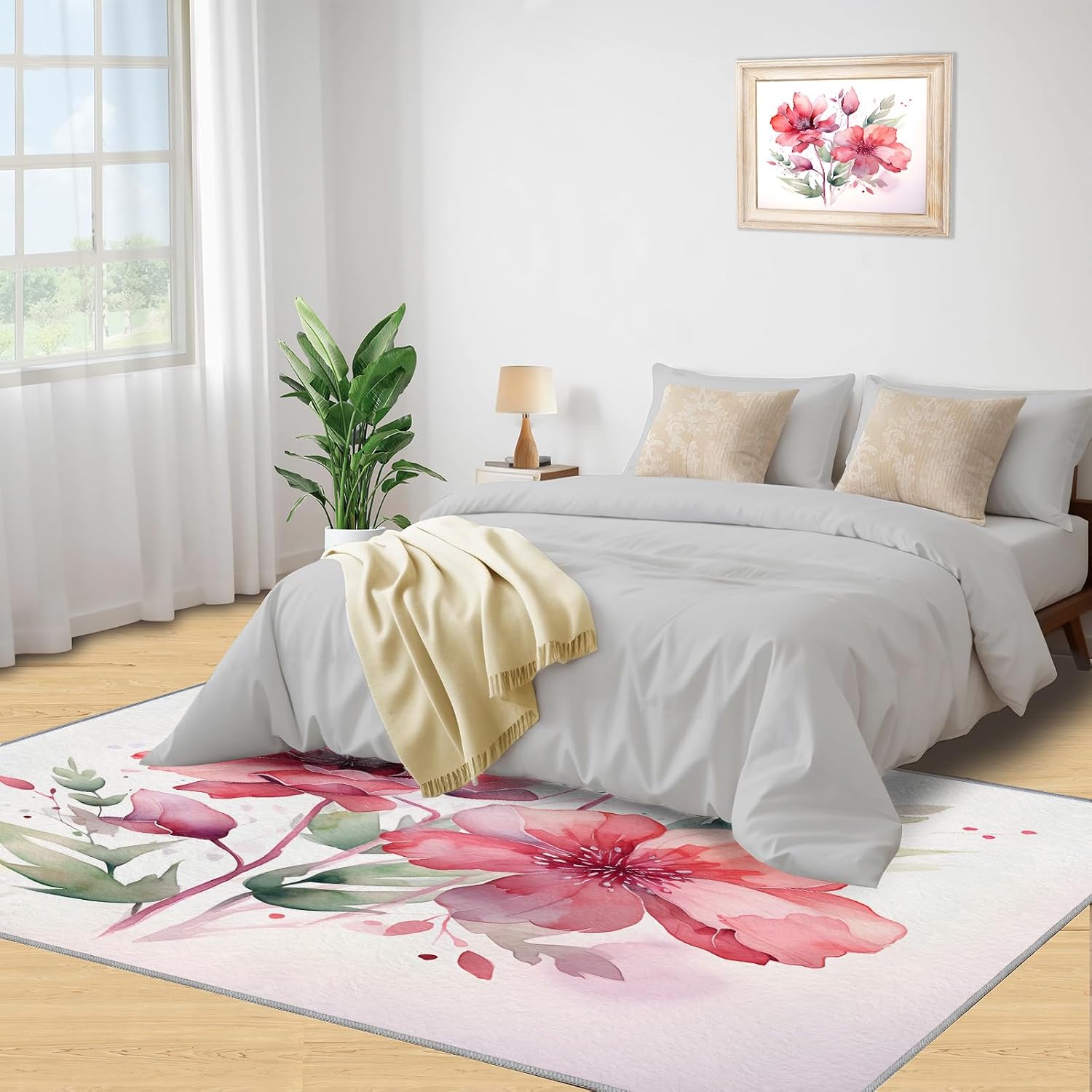 Area Rug 6x8ft, Red Flowers Rugs for Living Room, Simple Plants White Bedroom Rug, Machine Washable Breathable Durable Indoor Carpet for Bedside Porch Entryway Office