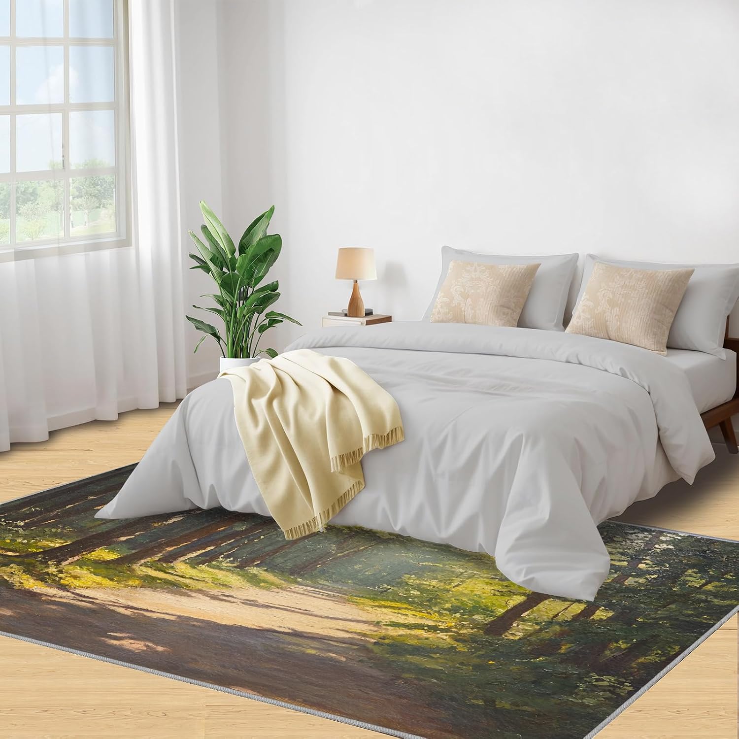 Forest Rugs for Bedroom, Sunshine Forest Rug 6x8, Natural Oil Painting Dining Room Rugs Washable & Non Slip Large Carpet for Home Decor