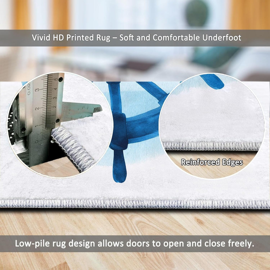 Washable Non-Slip Area Rug 5 x 7 ft, Watercolor Nautical Wheel Print Washable Rugs for Living Room - Soft Nautical Theme Low Pile Carpet for Bedroom Bedside Dining Room Nursery
