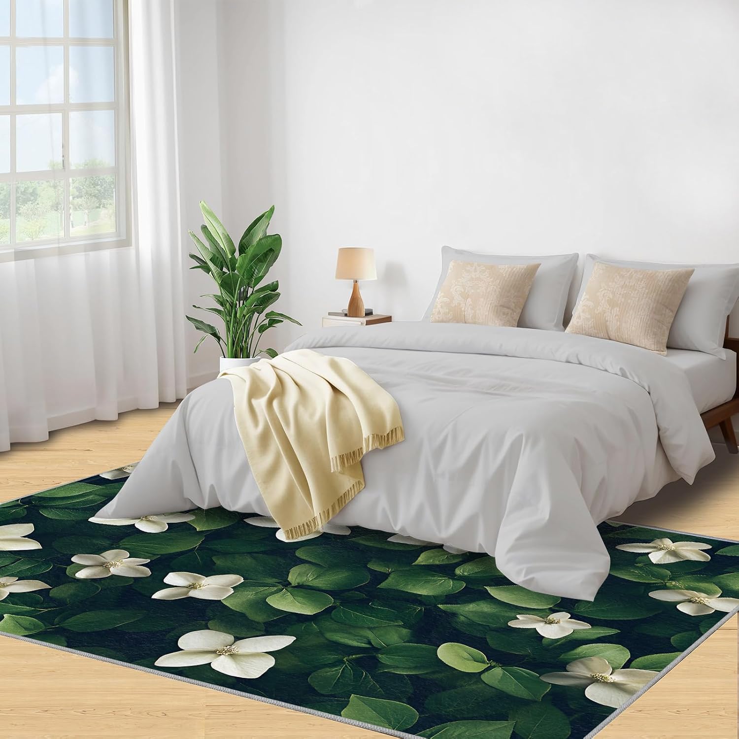 Flowers Rug, Plants Rugs for Bedroom 6x8 Rug, Green Leaves Area Rug, Rugs for Living Room, Non Slip Washable Carpet for Kids Room Home Decor