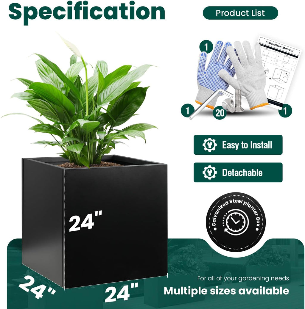Galvanized Steel Planter Box Black Metal Planter 24Inch Large Square Indoor Outdoor Planters Cube Steel Heavy Duty Planter Powder Coating Modern Commercial Residential for Plants, Patio, Yard, Garden