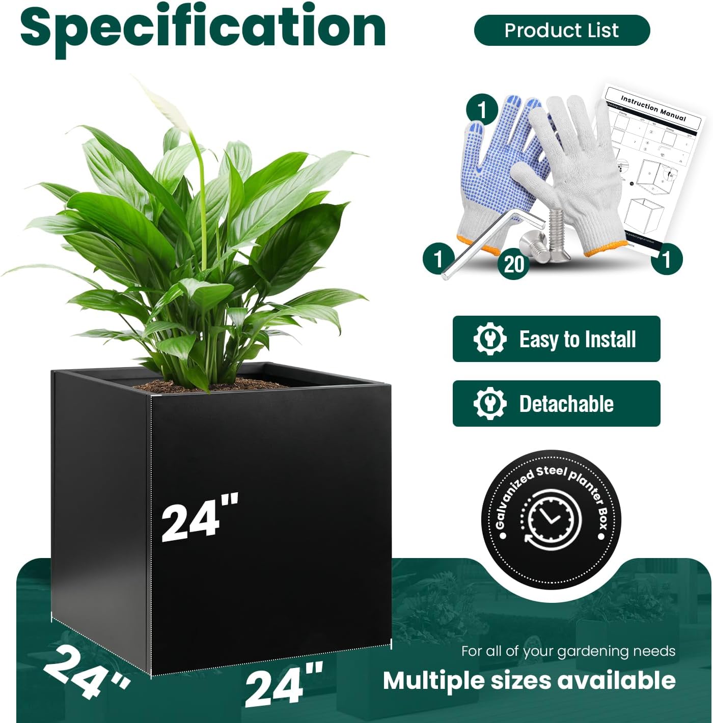Galvanized Steel Planter Box Black Metal Planter 24Inch Large Square Indoor Outdoor Planters Cube Steel Heavy Duty Planter Powder Coating Modern Commercial Residential for Plants, Patio, Yard, Garden